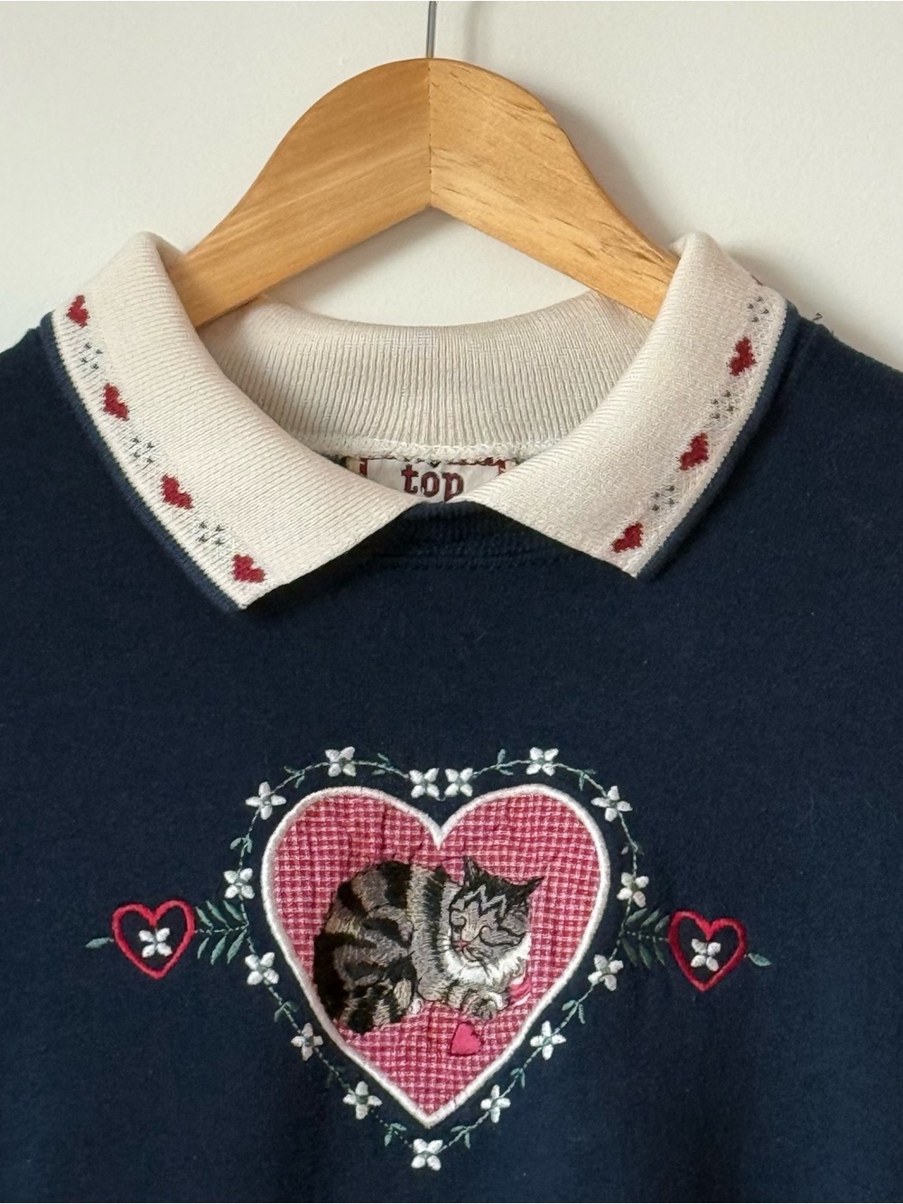 Vintage Top Stitch by Morning Sun Cat Heart Collared Sweater Navy Blue Size L